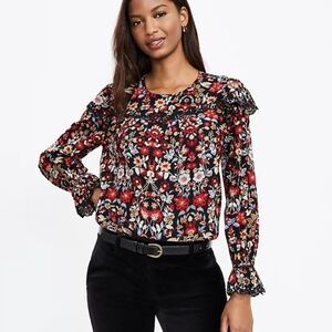 Loft Petite small Forest Ruffle Scalloped Yoke blouse shirt floral black red